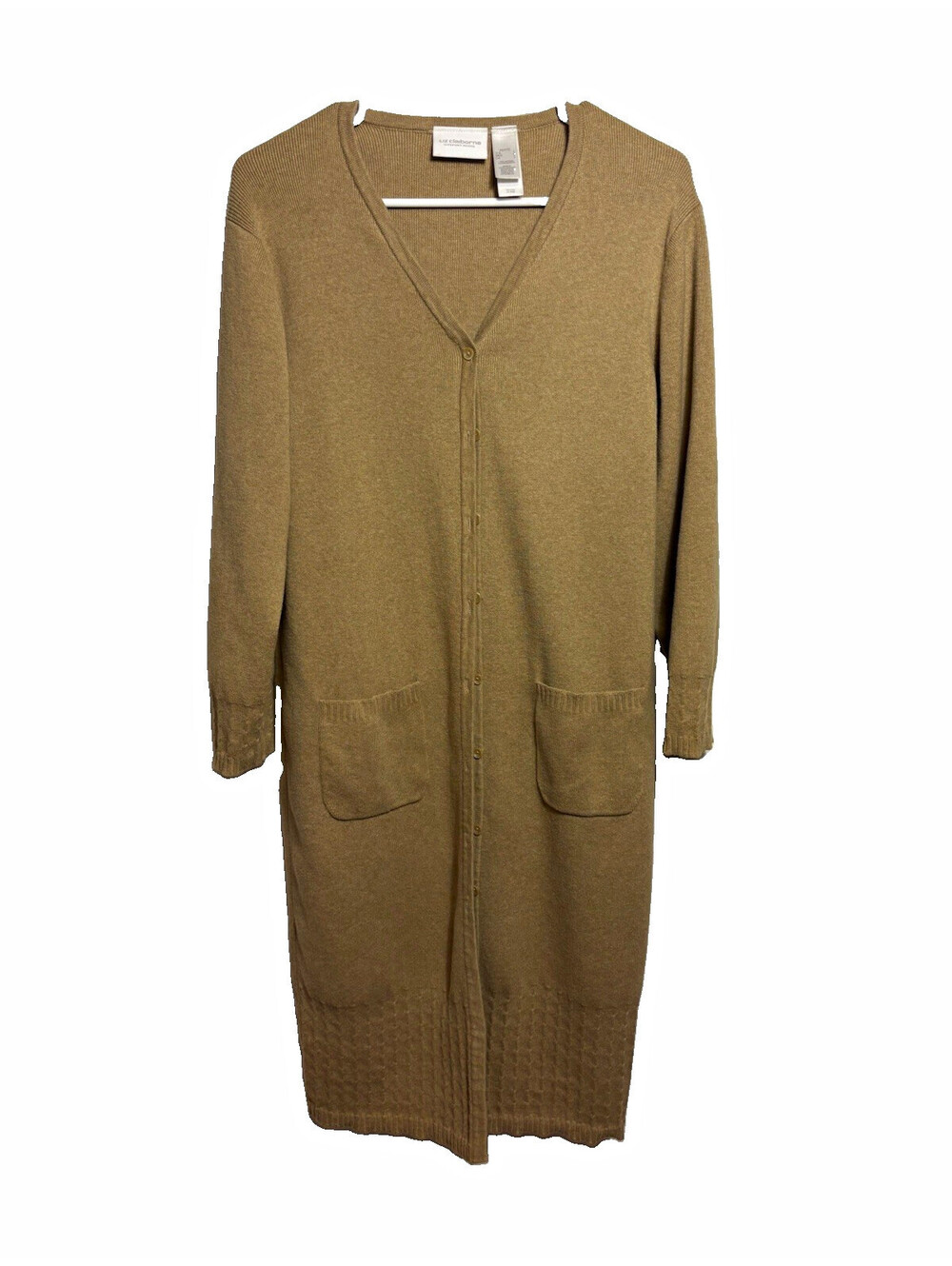 Vintage Liz Claiborne Petite PL Beige V-Neck Cotton Cardigan Sweater Pockets